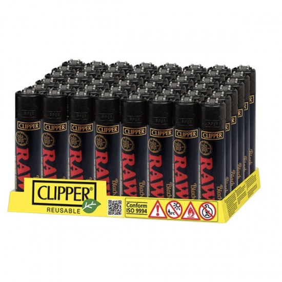 48 Clipper RAW Printed Refillable Lighters - Color: Black